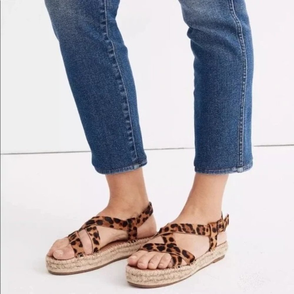 Madewell Malia Espadrille Flatform Sandals Leopard Print Calf Hair Size 9